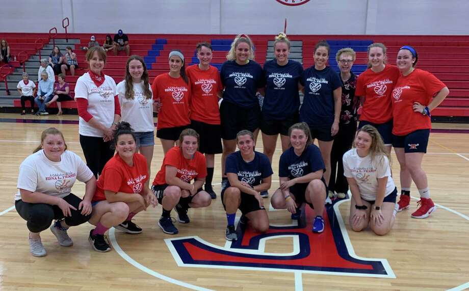 Playing in the Edna Fraser Memorial basketball game were Foran alumni Casey Blake, Lauren Notholt, Viktoria Notholt, Alyssa Puccilli and Taylor Jagoe. They were coached by Meg Winfield. Current student athletes taking the court for coach Duffy Lynch-Launder were Alexa Mendillo, Marguerite Collette, Jessica Sanders, Mia Tunucci, Sara Connelly and Kendall LaMorte. Photo: Foran High School / Contributed Photo / Milford Mirror