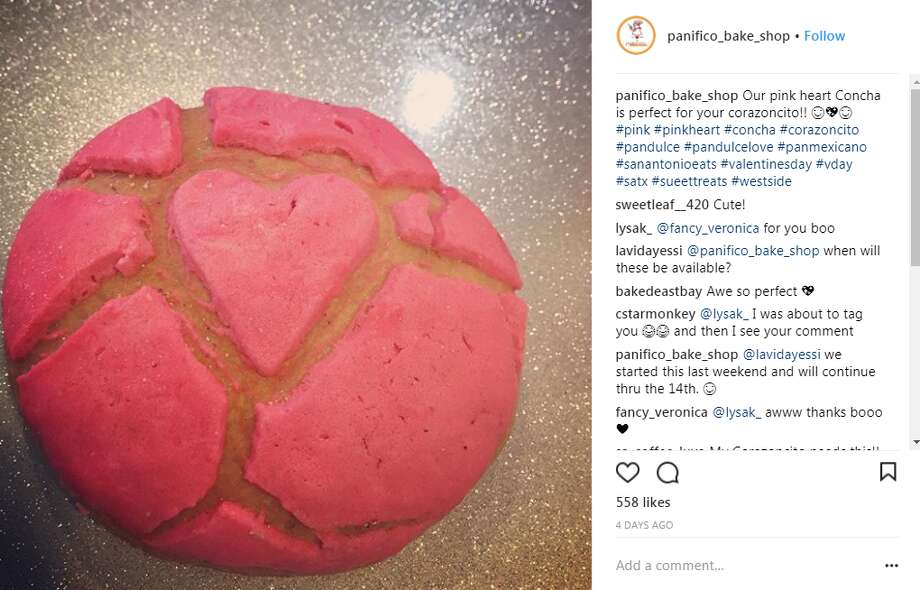 pink heart conchas from panifico bake shoppanifico bake shop is