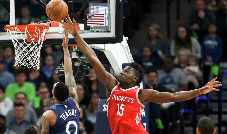 houston rockets center clint capela (15) blocks a shot by