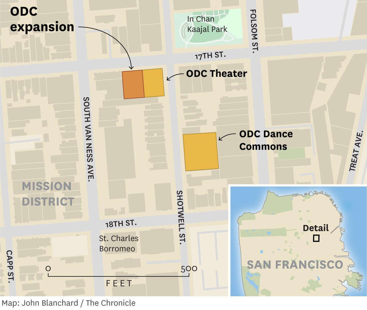 Map of ODC Theater, on 17th and Folsom streets, with the newly purchased building highlighted next to it