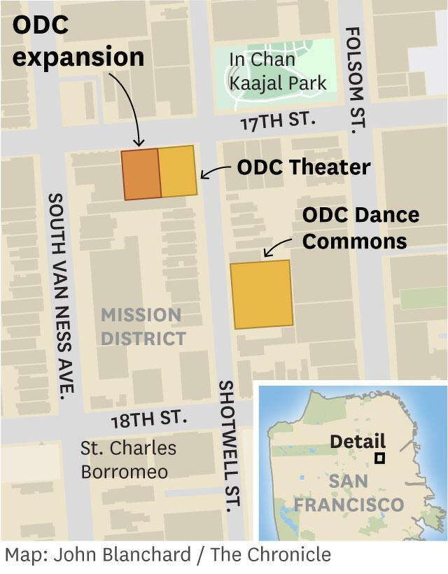 Map of ODC Theater, on 17th and Folsom streets, with the newly purchased building highlighted next to it