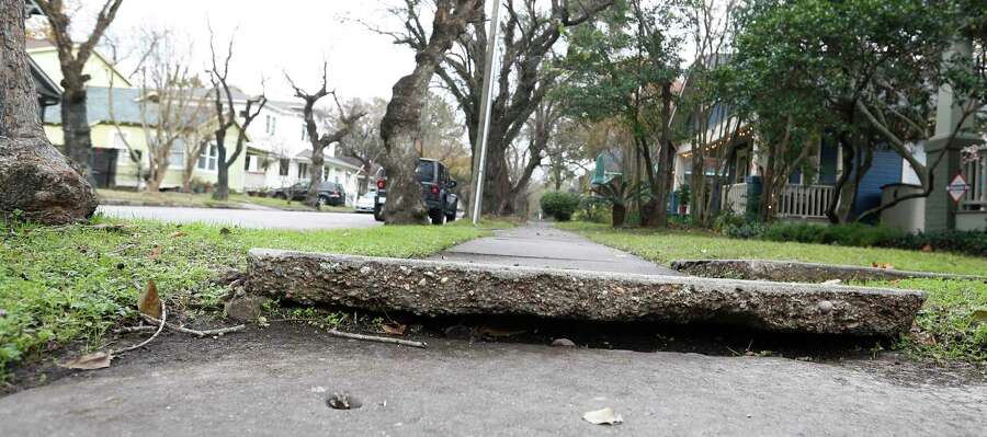 A sidewalk, which is raised up due to tree roots that run under the concrete, on Rutland Street in the Heights, Wednesday, Dec. 19, 2018, in Houston.