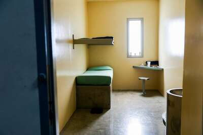 A typical cell, like this one, in Fresno County’s juvenile hall, includes a cement platform bed as well as a metal sink and toilet.