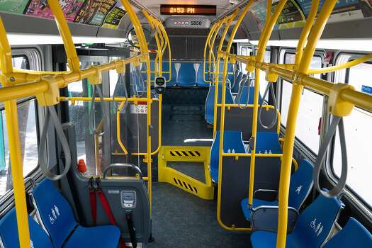 An empty Muni bus near the Caltrans station on March 19, 2020 in San Francisco, California.