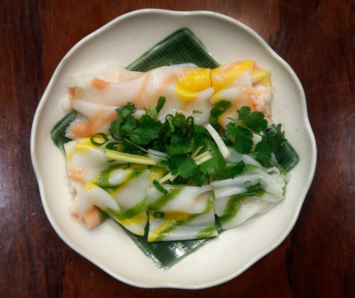 Colorful rice noodle rolls filled with shrimp