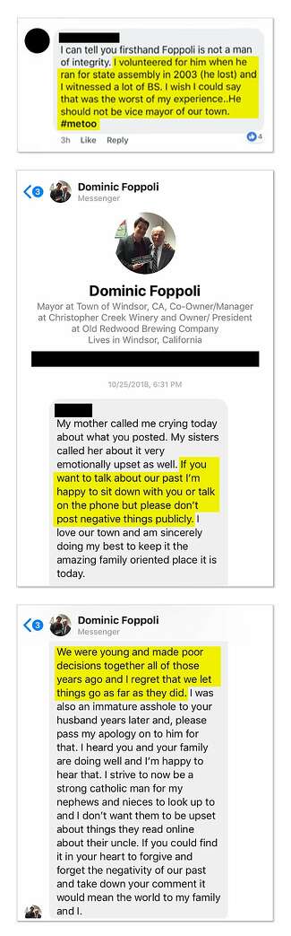 A #MeToo comment a former campaign volunteer for Foppoli posted in a Facebook group for Windsor families, and private messages Foppoli sent her in response. Blurring and redactions were made to protect the woman’s identity.