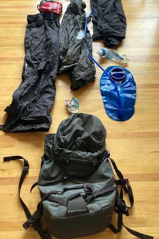 A photo of the gear that Ron Bolen carried with him to hike Boundary Peak.