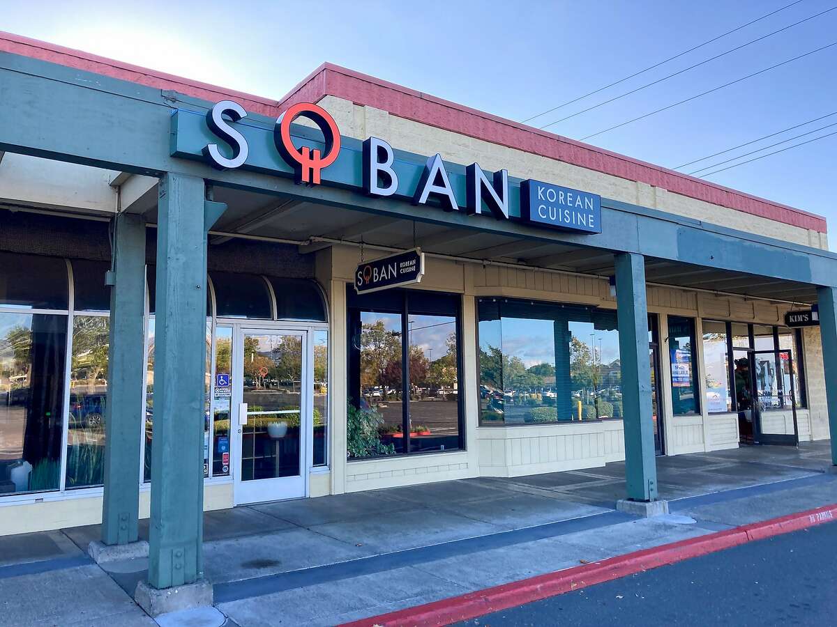 The exterior of the Petaluma restaurant Soban featuring signage spelling the name of the restaurant.
