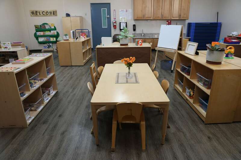 An empty unused preschool classroom at San Juan Bautista Child Development Center in San Jose. A map of San Jose is shown.
