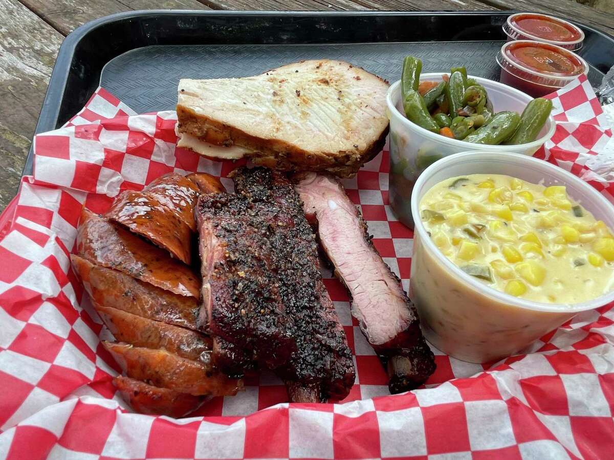 An assortment of meats that includes sausage, ribs and turkey at B-Daddy's BBQ in Helotes.