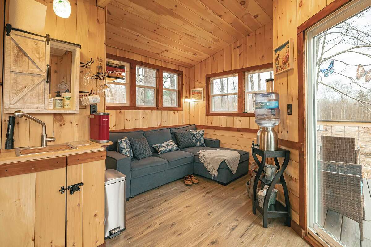 The wood-panel interior of a cabin, with a long sofa, a sink and cabinet, and just outside the glass door, a patio overlooking a secluded wooded area.