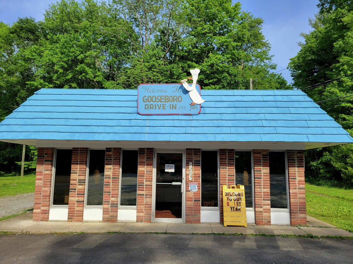 The exterior of the Gooseboro Drive-in. The building is made of narrow brick columns alternating with narrow windows, with a door in the center and a bright blue roof. Near the top center of the roof is a rectacular sign that reads Welcome to Gooseboro Drive-In established 1961. Tacked onto the front of the sign is a cutout of a cartoon goose eating a hot dog. There is pavement in front of the building and trees behind it.