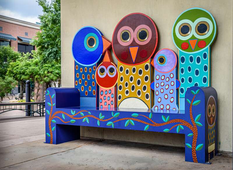 A bench in the shape of a flock of birds. Located in The Woodlands, Texas.