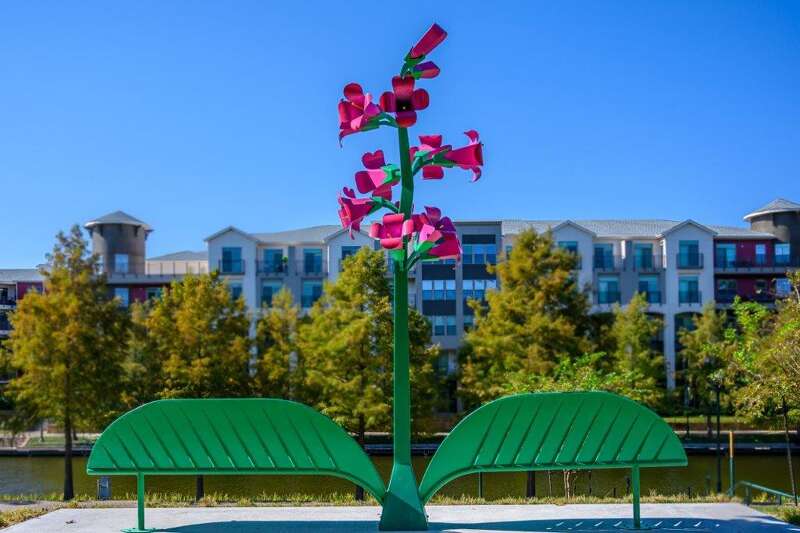 A bench in the shape of a penstemon, located in The Woodlands, Texas. 