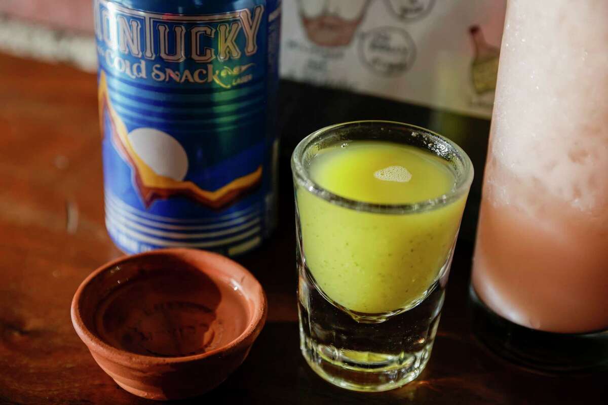 mezcal, a Montucky Cold Snack and a shot of Sangrita at Prizefighter.