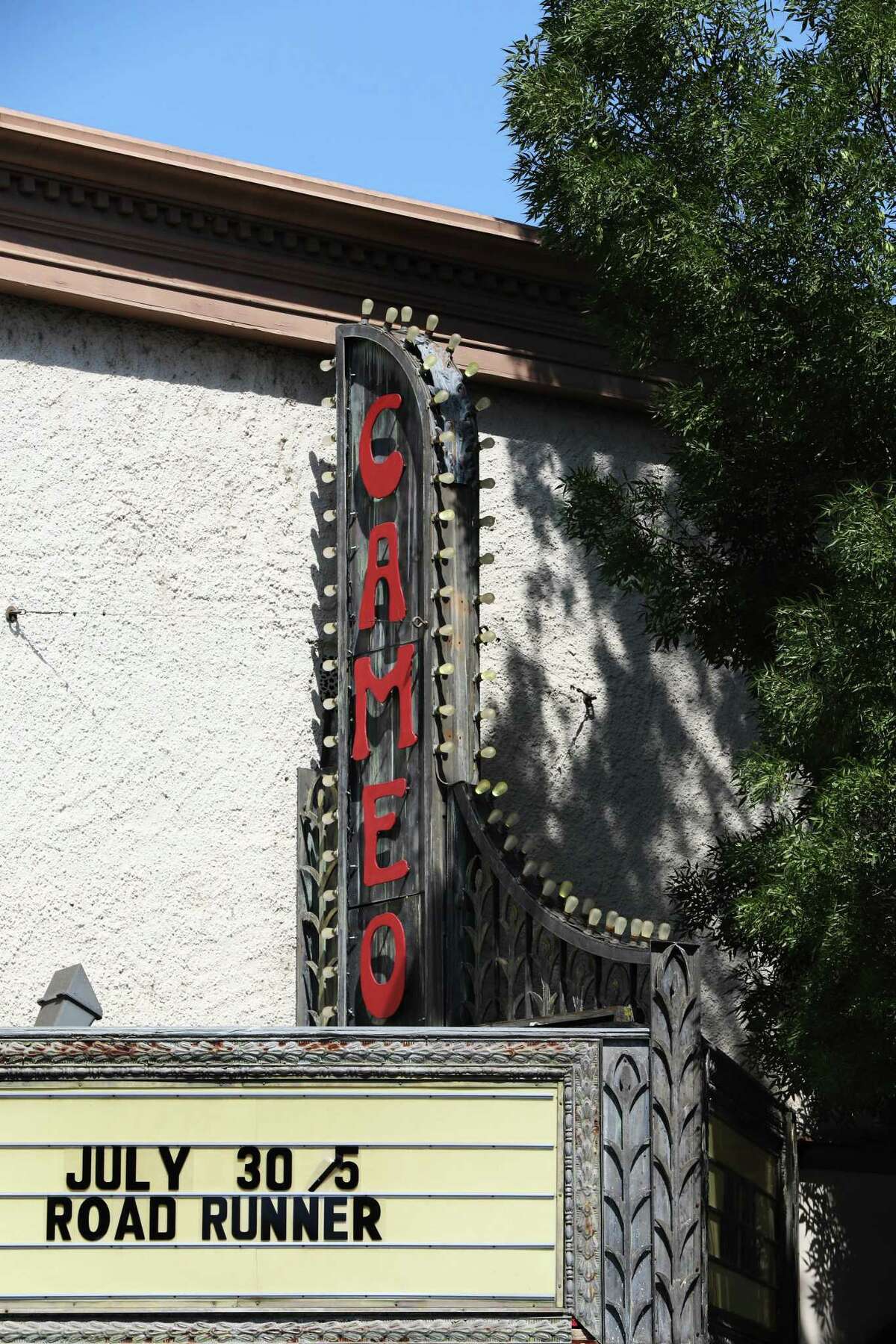 The marquee of the Cameo Cinema on Park Street in St. Helena is small and blends in with nearby storefronts.