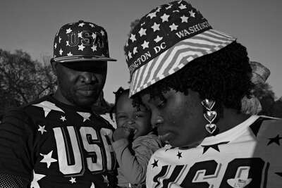 Photo of a family dressed in USA outfits on election day.