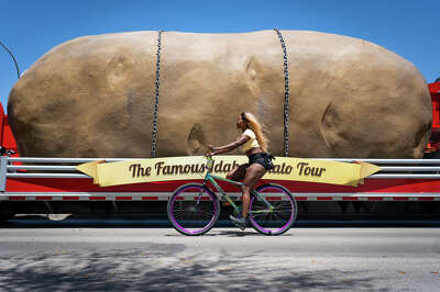 The frame is filled by a giant russet potato on a trailer as a woman rides a bike past