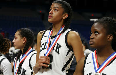 Clark's Arianna Roberson showing her emotions after the team loses to DeSoto in the UIL Class 6A girls basketball semifinal game.