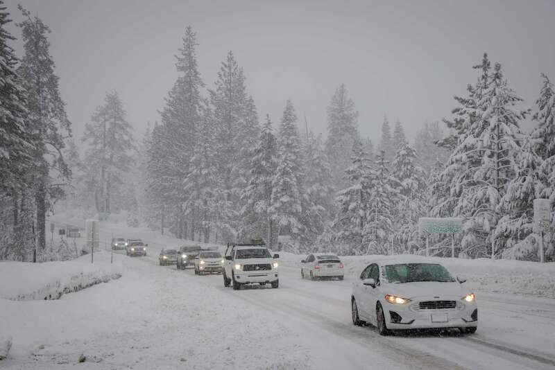 A line of vehicles makes its way down Highway 50 toward South Lake Tahoe.