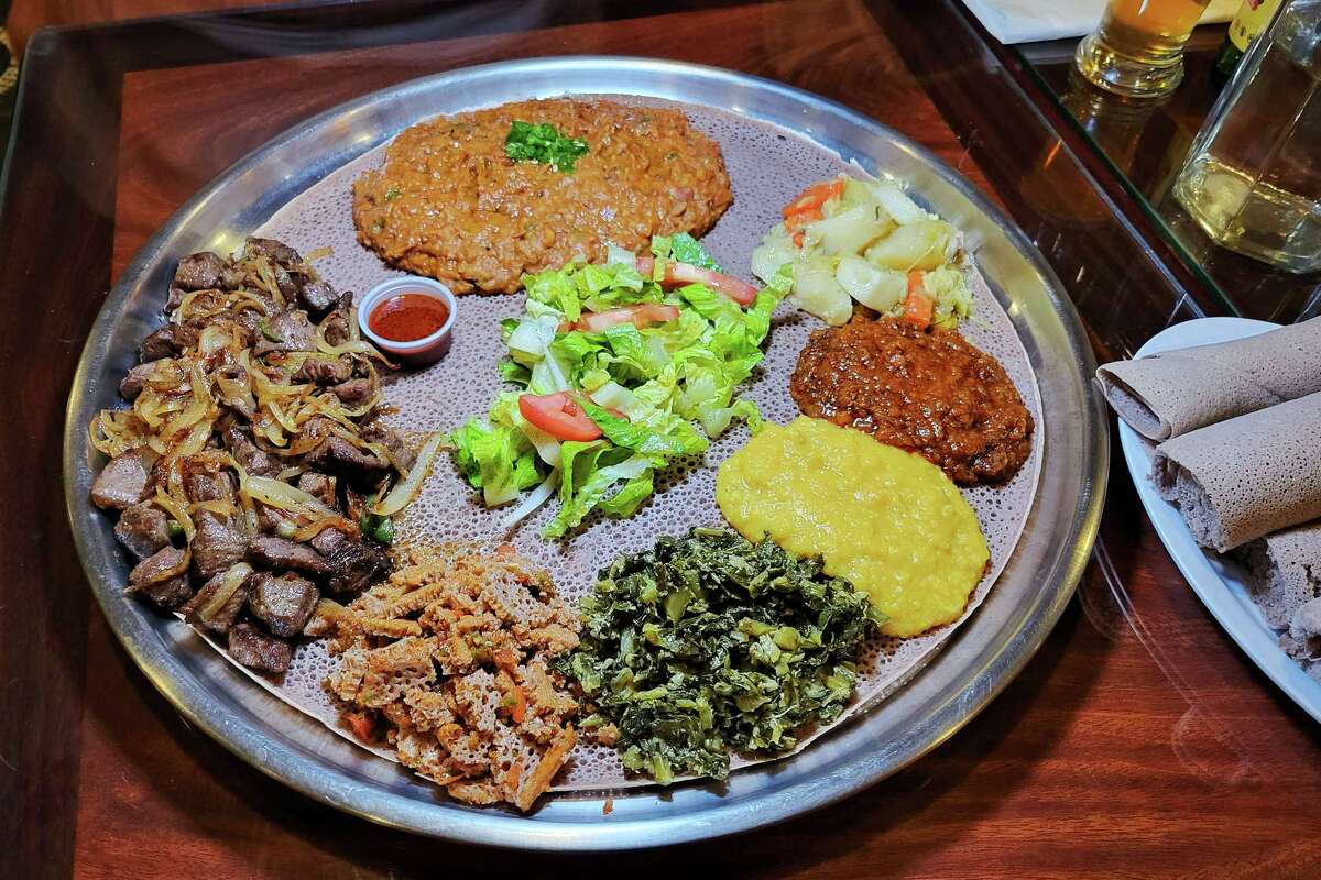 Combo meat and veggie platter of Ethiopian food