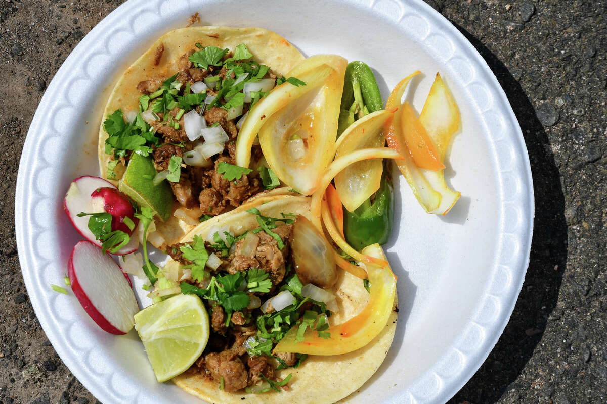 Pastor tacos from Sweeney El Charro Feliz in New Haven .