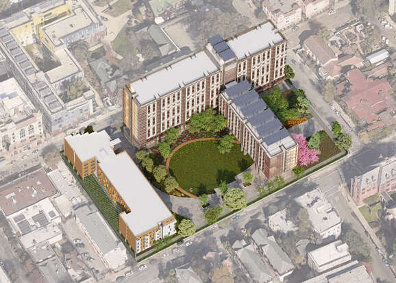 A rendered aerial view of people's park shows a long, rectangular building on the east side and a t-shaped building toward the middle of the park, with the top stretching much of the length of the north side of the park.