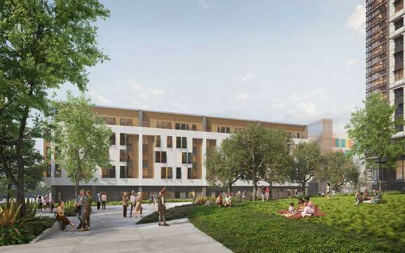 A rendering of People's park shows a rectangular shaped building with people walking and talking in the courtyard in front of it. There is a green, slightly hilly yard and some trees in the foreground.