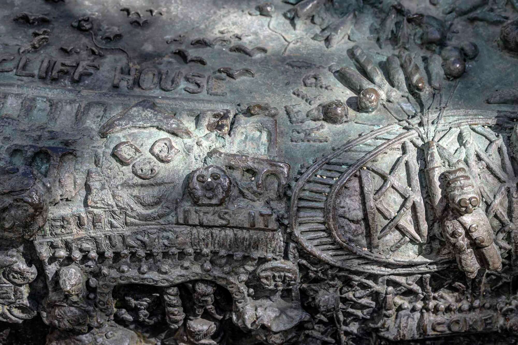 A detail photo of Ruth Asawa's "San Francisco Fountain" shows Playland at the Beach, including a roller coaster, fun house and It's-It stand.