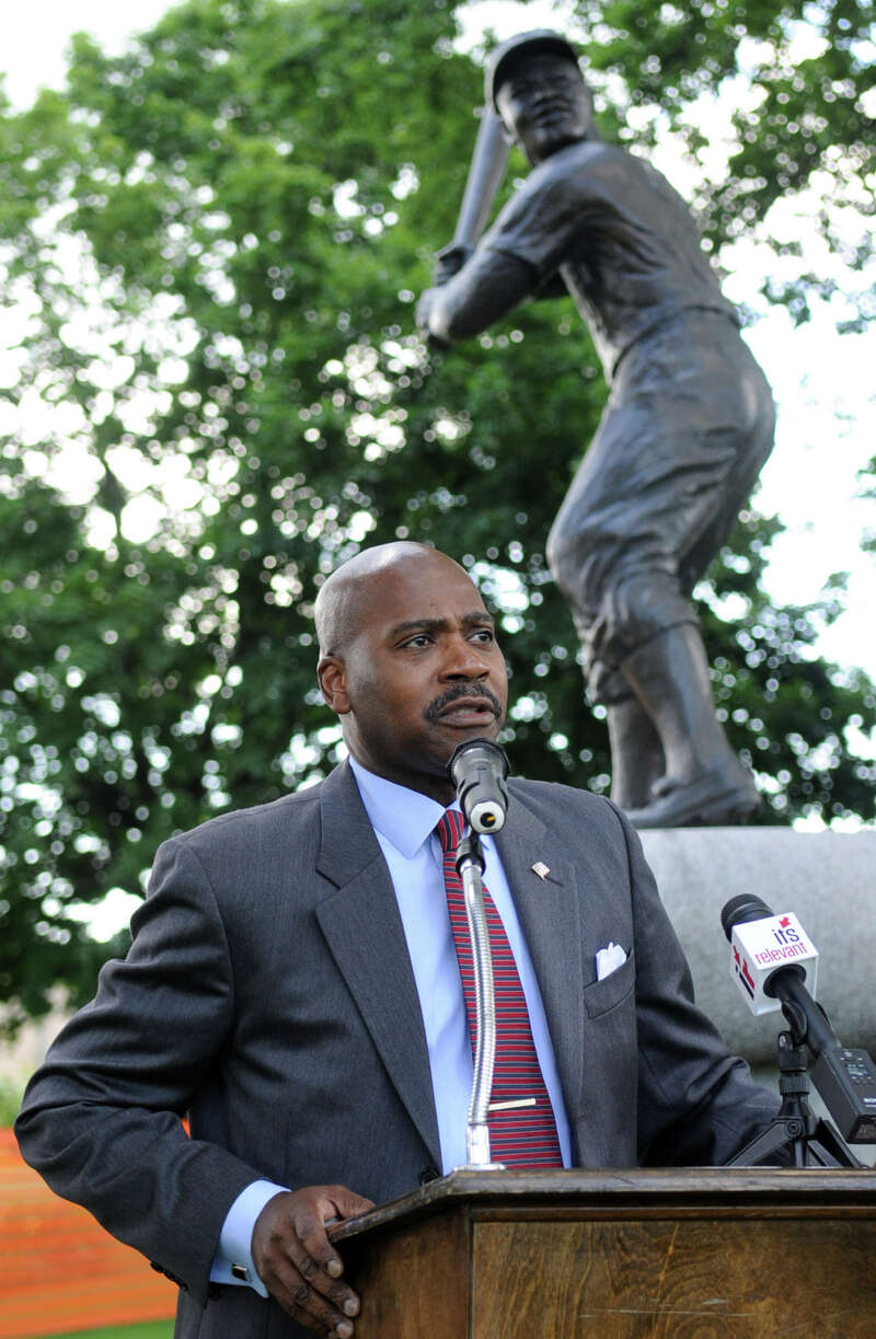 Michael Hyman, board chair of the Jackie Robinson Park of Fame, speaks during a groundbreaking ceremony for a remodeling of Jackie Robinson Park in Stamford on June 6, 2012.