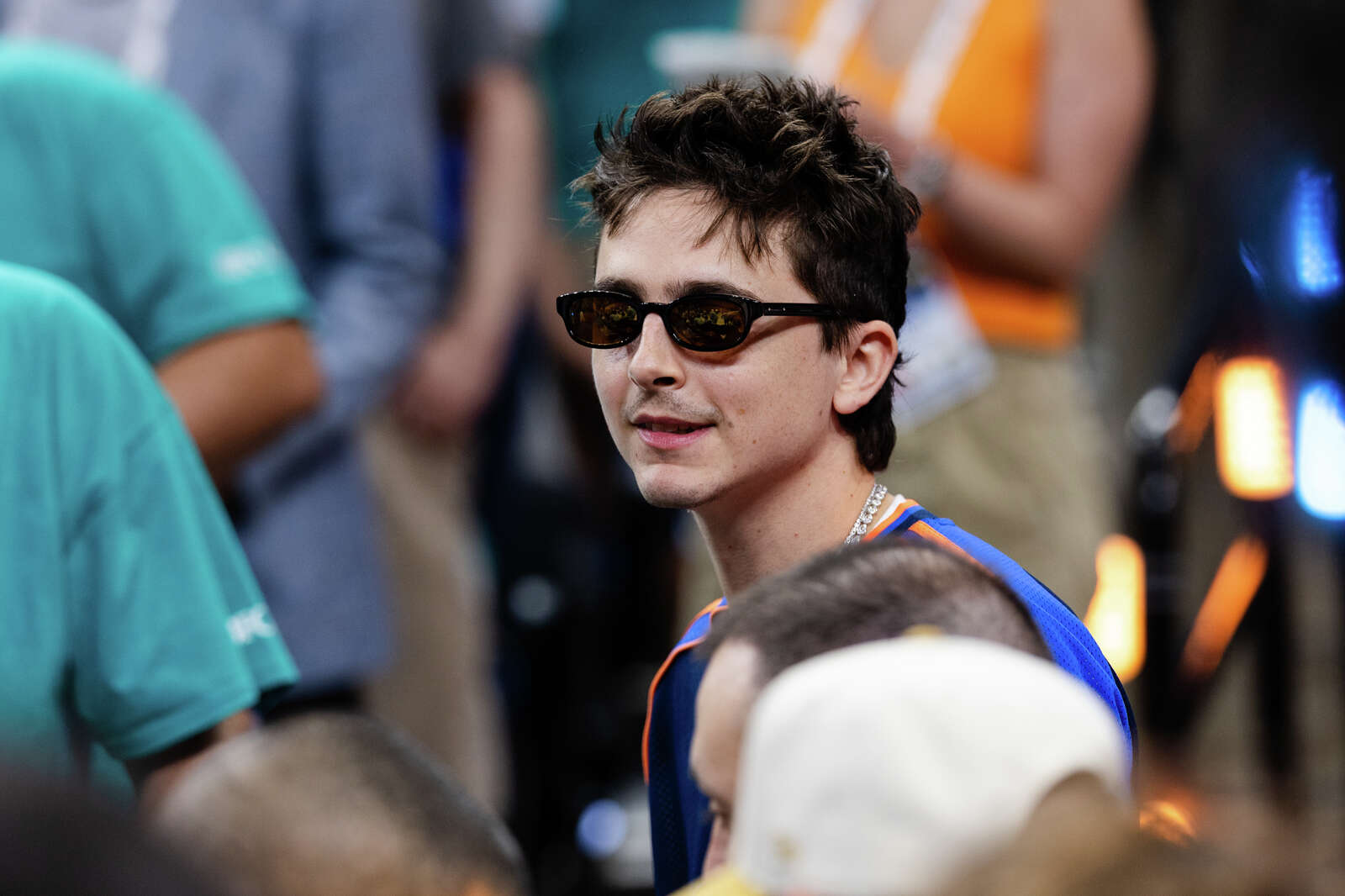 Timothée Chalamet attends Game 1 of the NBA Finals between the San Antonio Spurs and the New York Knicks. (Sam Owens/San Antonio Express-News)