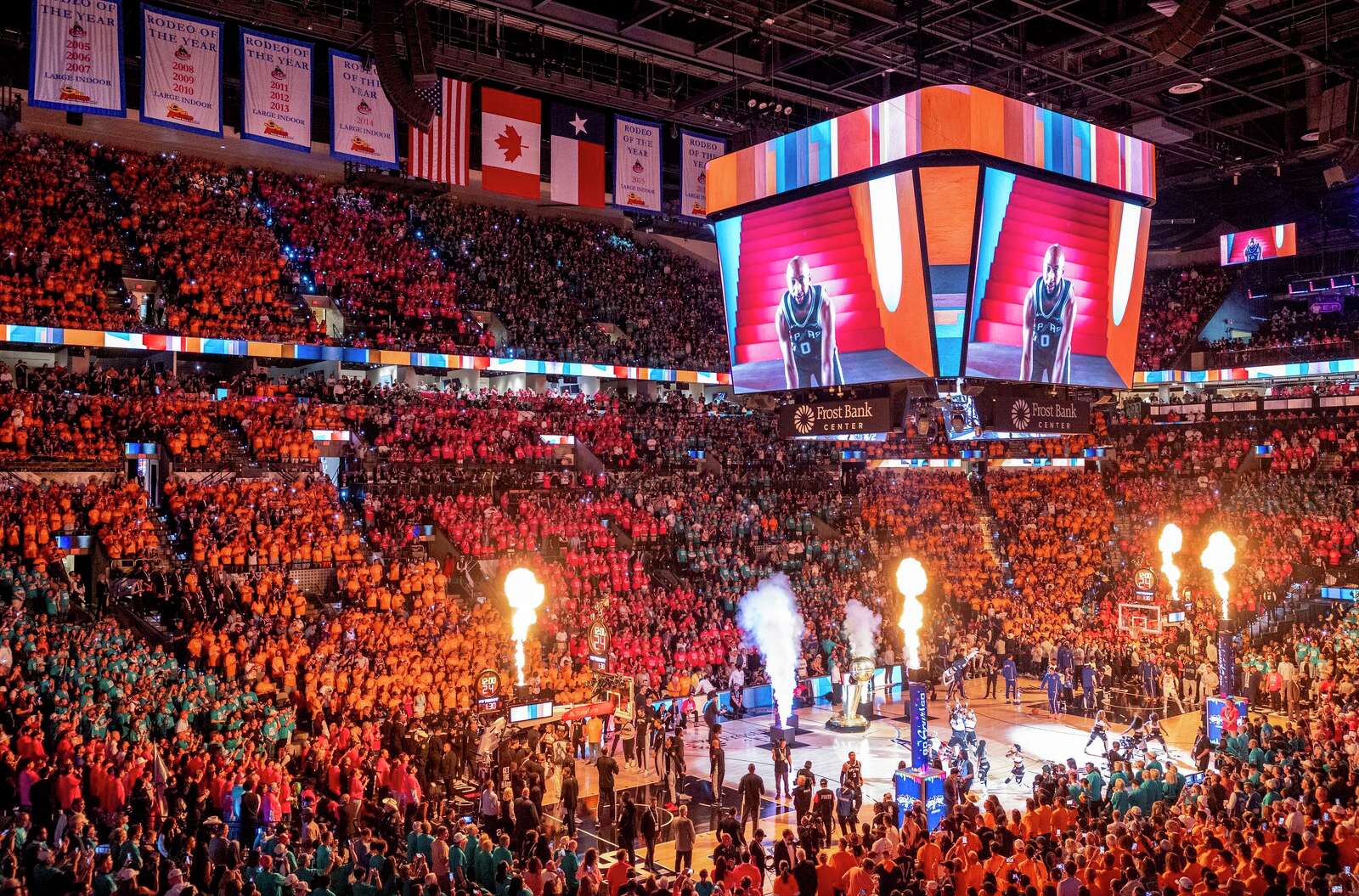 The Spurs take the court during Game 1 of the NBA Finals at Frost Bank Center. (Andrew J. Whitaker/San Antonio Express-News)