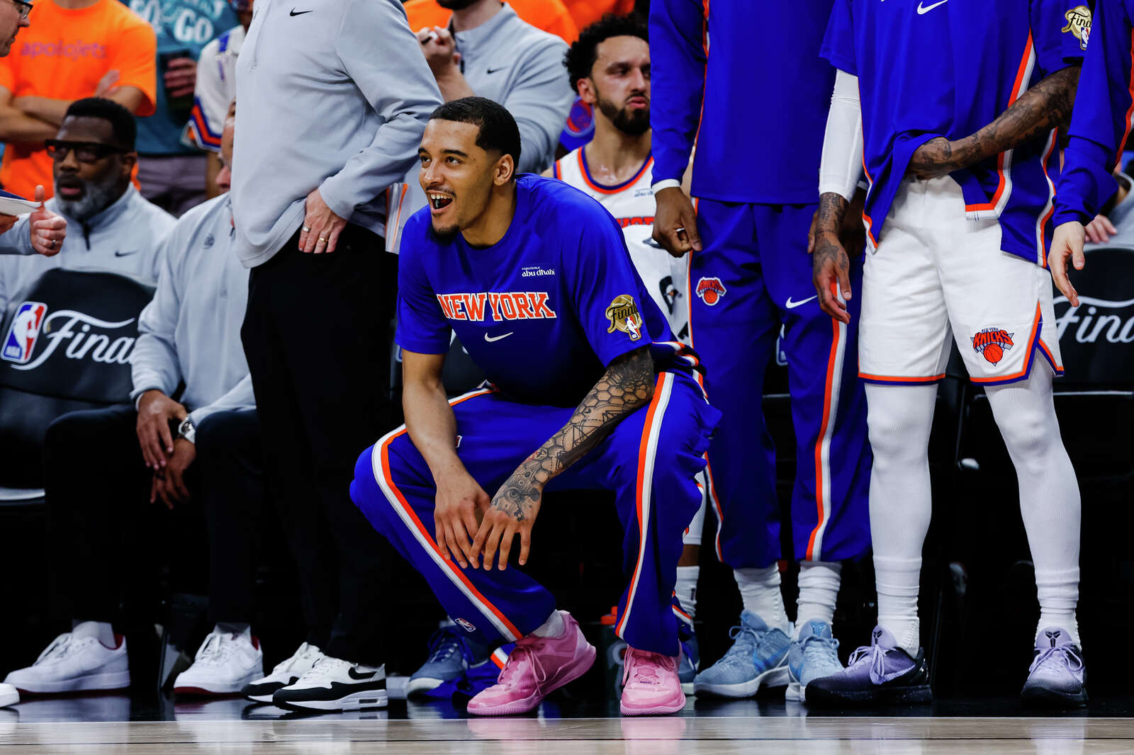 New York Knicks forward Jeremy Sochan, a former Spurs player, cheers from the bench. (Sam Owens/San Antonio Express-News)