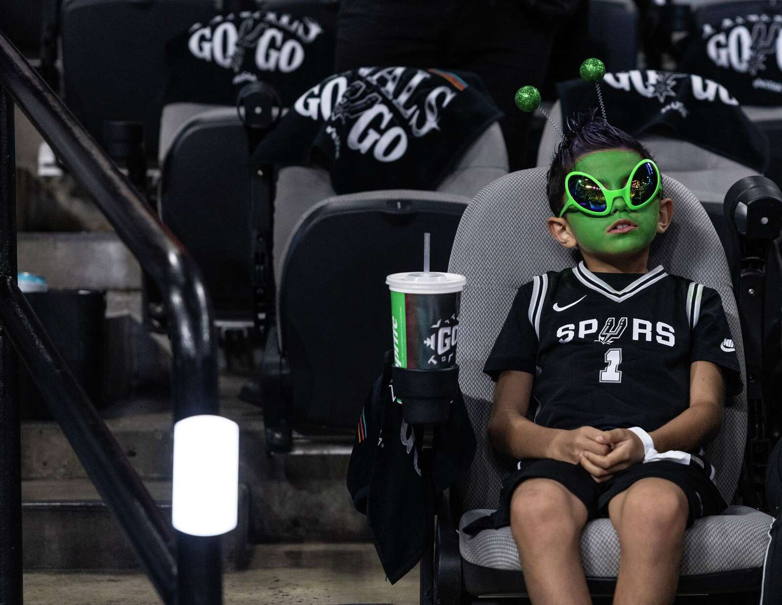 Mikey Delgado, 8, came prepared in his alien costume for Game 2 of the NBA Championship at Frost Bank Center.