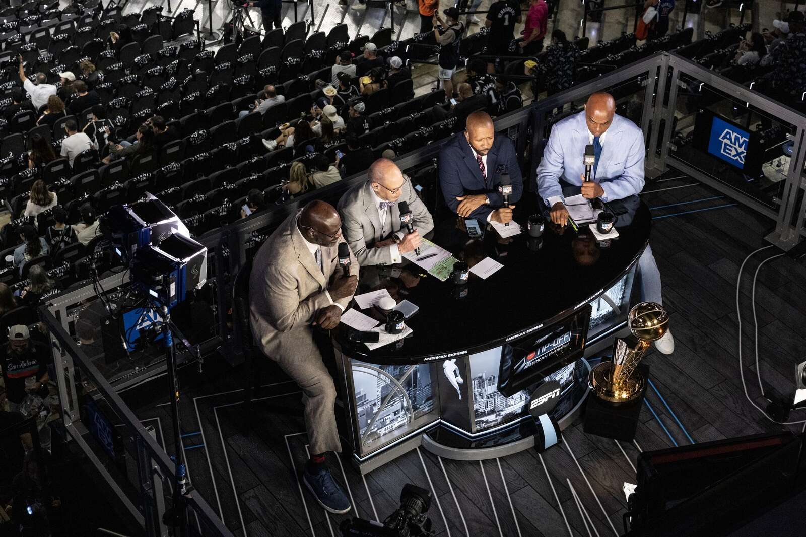The ESPN broadcast crew at work prior to the start of Game 2 of the NBA Championship at Frost Bank Center.