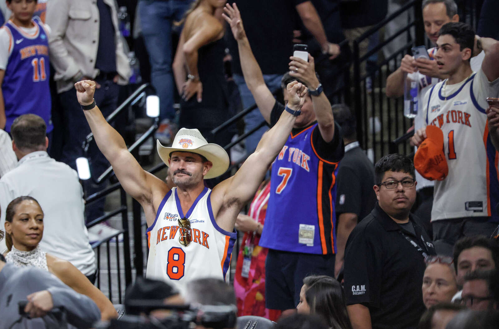 A New York Knicks fan reacts after his team pulled out a game 2 NBA Championship win over the San Antonio Spurs at Frost Bank Center in San Antonio on Friday, June 5, 2026. The Knicks beat the Spurs 105 to 104 to take a 2-0 lead.