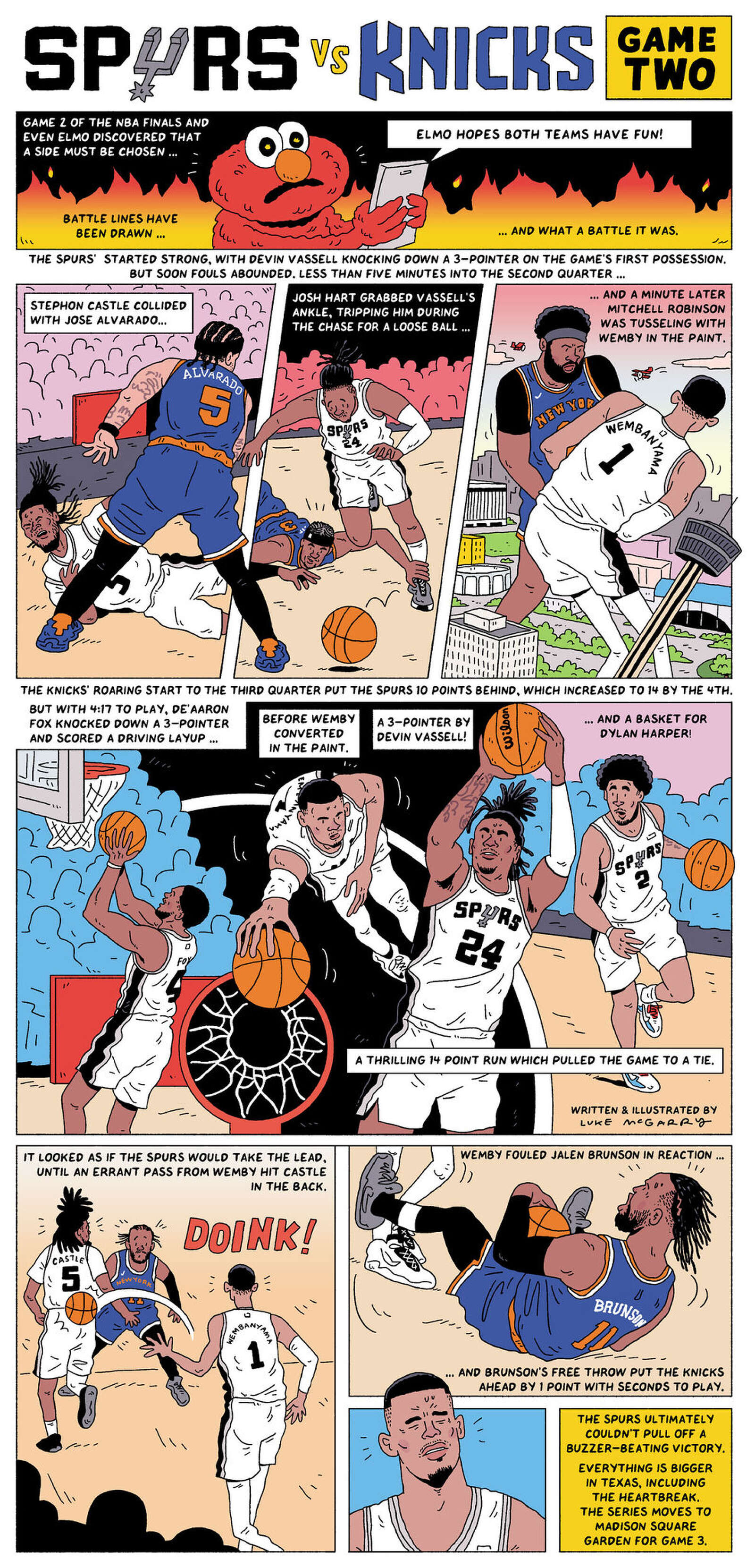 Elmo hoped everyone would have fun, but Game 2 brought a street fight, a 14-point Spurs rally and one errant pass that turned a comeback into heartbreak. (Luke McGarry/For the San Antonio Express-News)