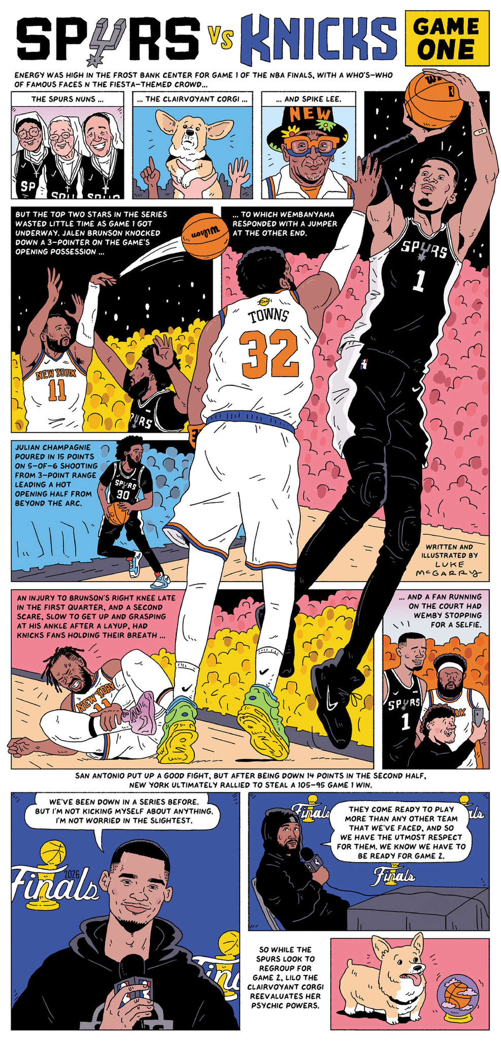 The Spurs brought nuns, a clairvoyant corgi and a 7-foot-4 superhero to Game 1, but the Knicks stole the ending. (Luke McGarry/For the San Antonio Express-News)