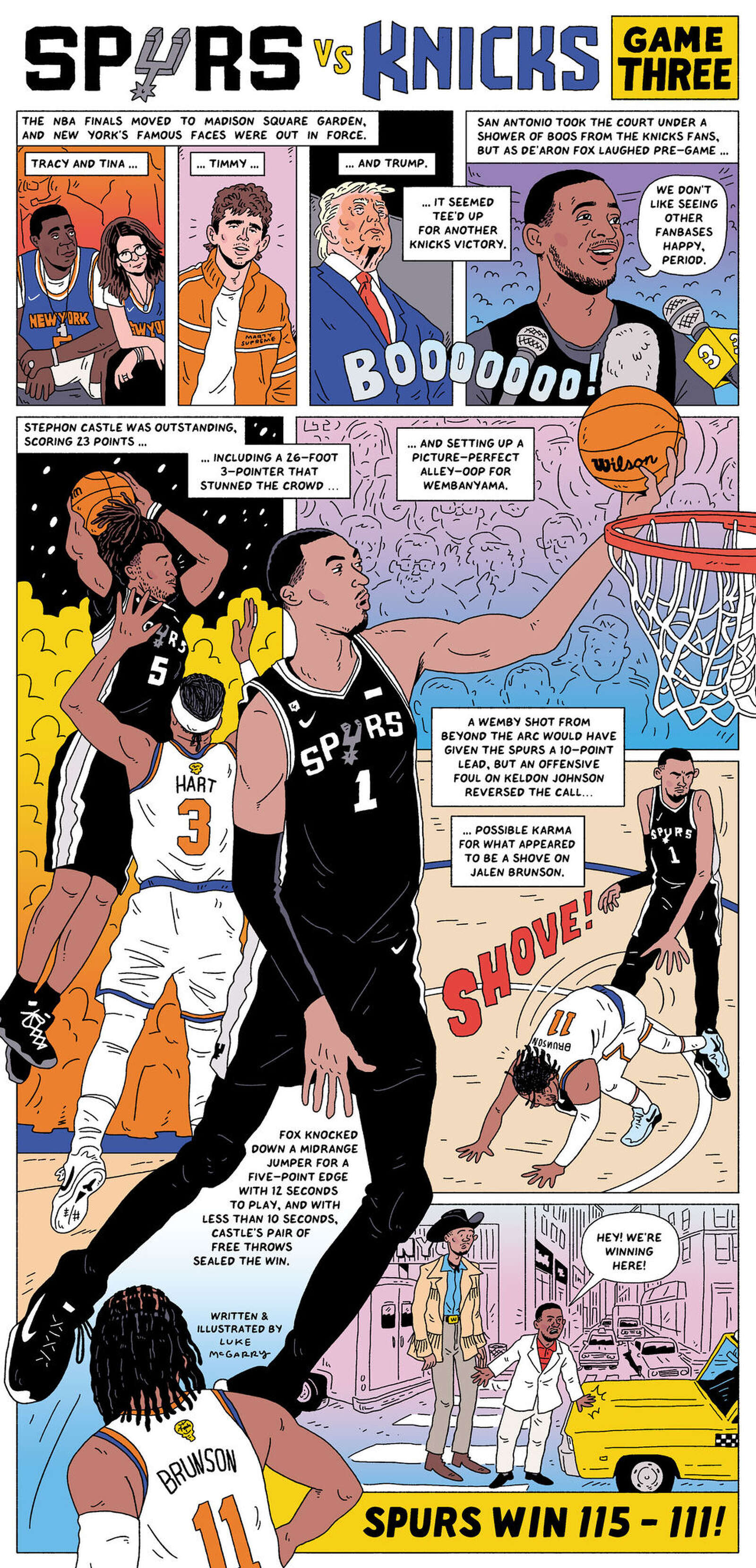 Celebrities preened courtside, Knicks fans booed and Jalen Brunson charged, but Stephon Castle and the Spurs were the kings of New York in Game 3. (Luke McGarry/For the San Antonio Express-News)