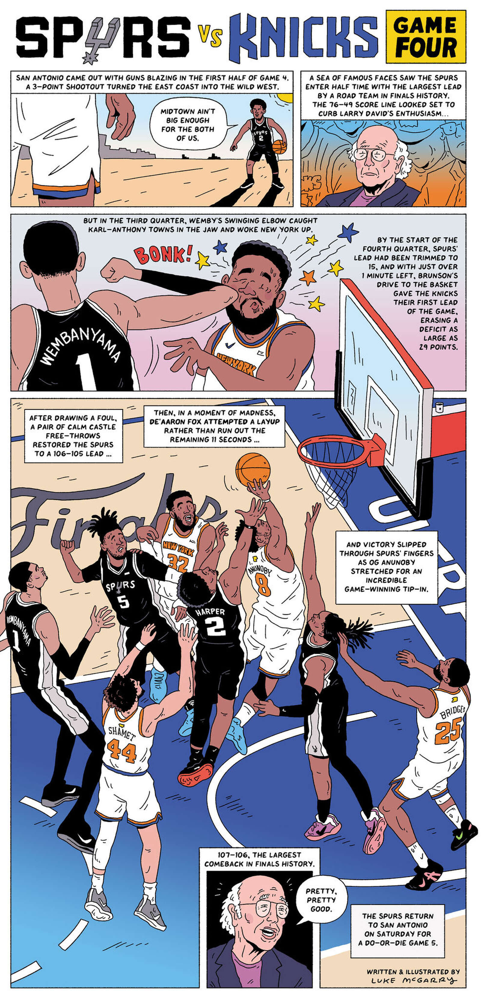 The Spurs rolled to a 29-point lead, curbing Larry David’s enthusiasm, then Wemby’s flagrant elbow sent S.A. spiraling into a historic NBA Finals collapse. (Luke McGarry/For the San Antonio Express-News)