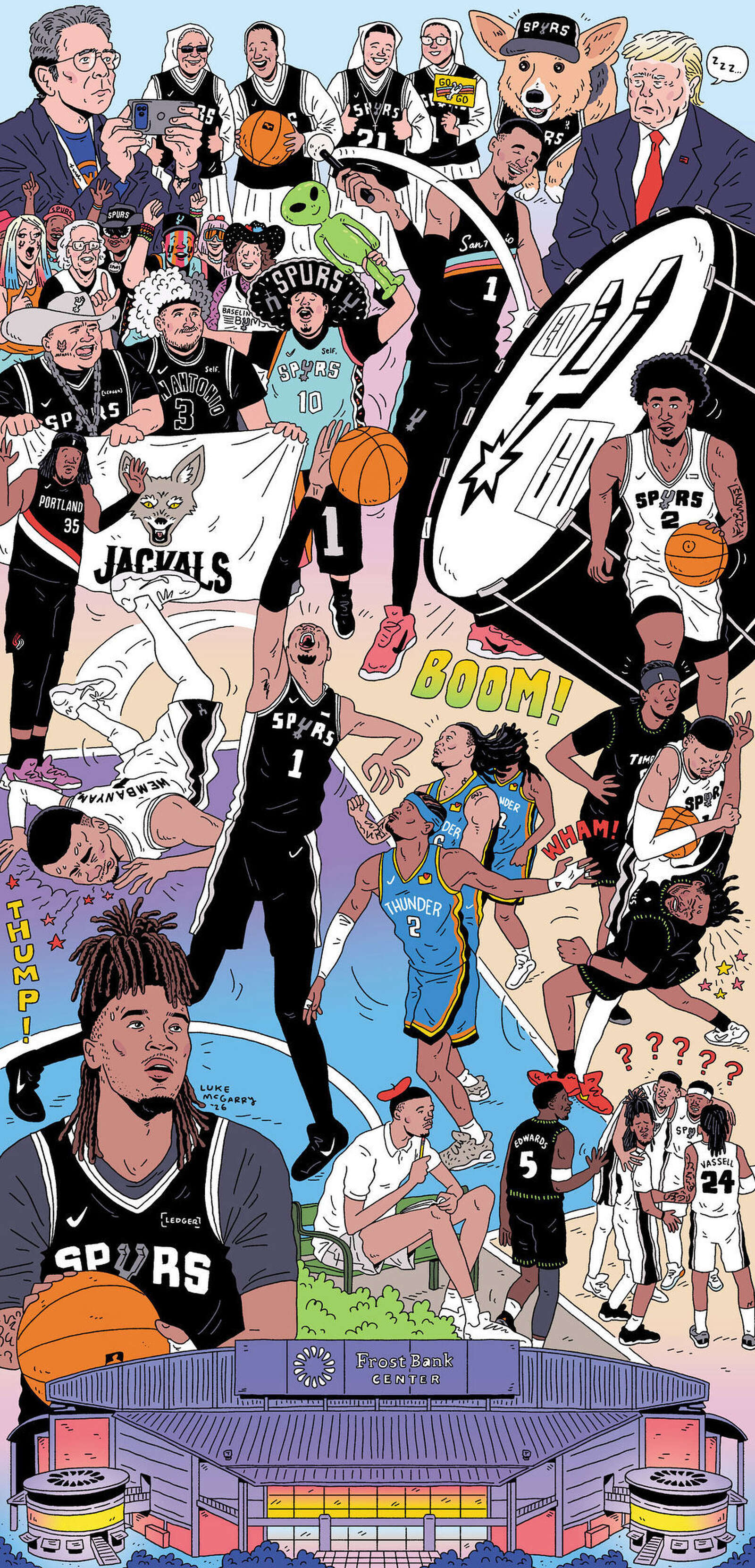 Nuns prayed, corgis predicted, celebrities preened, dunks shook the rim and flying elbows sent bodies sprawling as the Spurs carried S.A. through a glorious, bruising playoff fever dream that ended in Finals heartbreak. (Luke McGarry/For the San Antonio Express-News)
