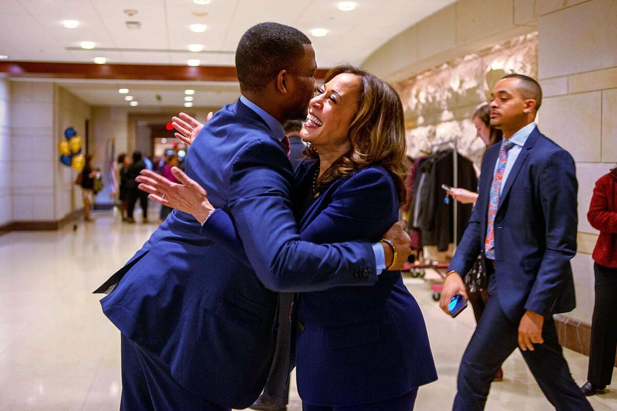 WASHINGTON, D.C. - JANUARY 9, 2019: Sen. Kamala Harris, D-Calif., shares a hug with a staff member before exiting the Capital Visitors Center in Northwest Washington, D.C., during an event welcoming the incoming women members of the Congressional Black Caucus on January 9, 2019. CREDIT: Photo by Andrew Mangum for The San Francisco Chronicle
