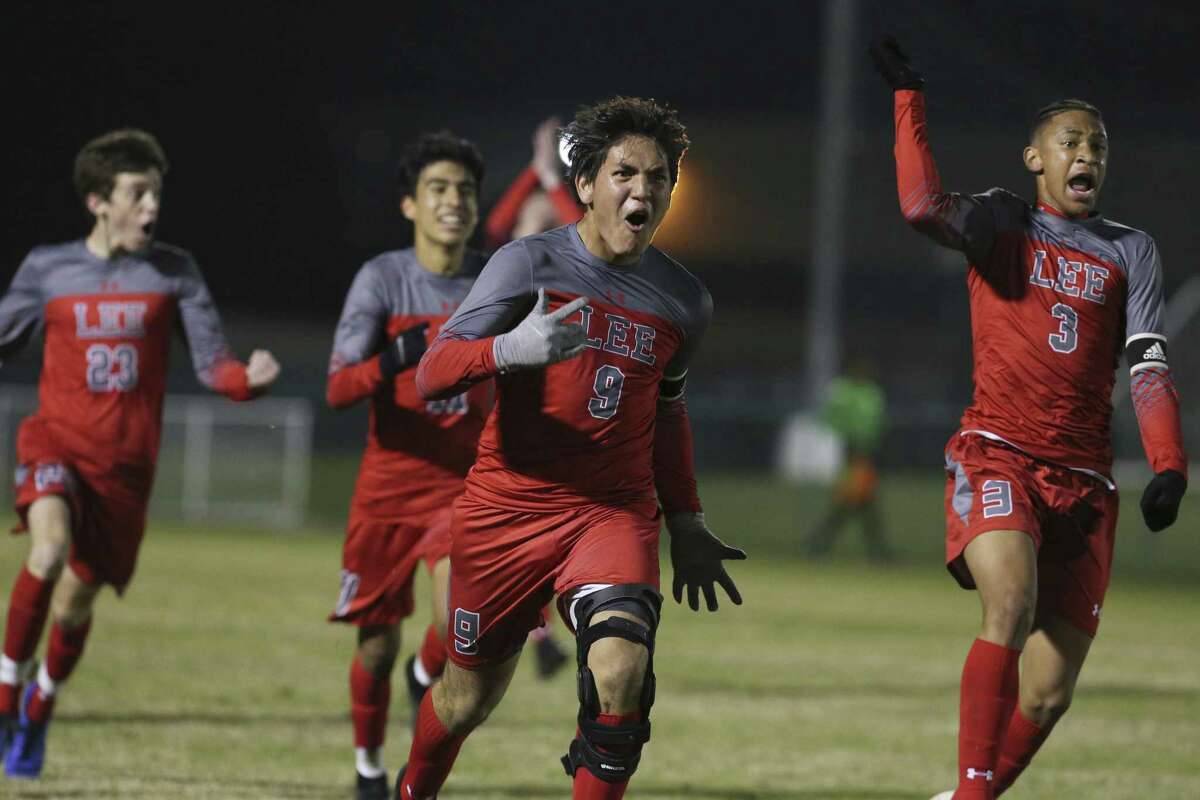 Legacy of Educational Excellence (LEE) player's Francisco Segura (09) and Theo Gunter (03) celebrate after Segura scores the eventual winning goal against Central Catholic in boys soccer at Blossom Soccer Complex on Tuesday, Jan. 15, 2019. Central Catholic was No. 1 in the nation last week and is two-time defending TAPPS-I state champion. LEE was a regional finalist a year ago, losing to Reagan 1-0 and falling one win shy of advancing to the UIL Class 6A state tournament. LEE defeated Central Catholic 2-1. (Kin Man Hui/San Antonio Express-News)