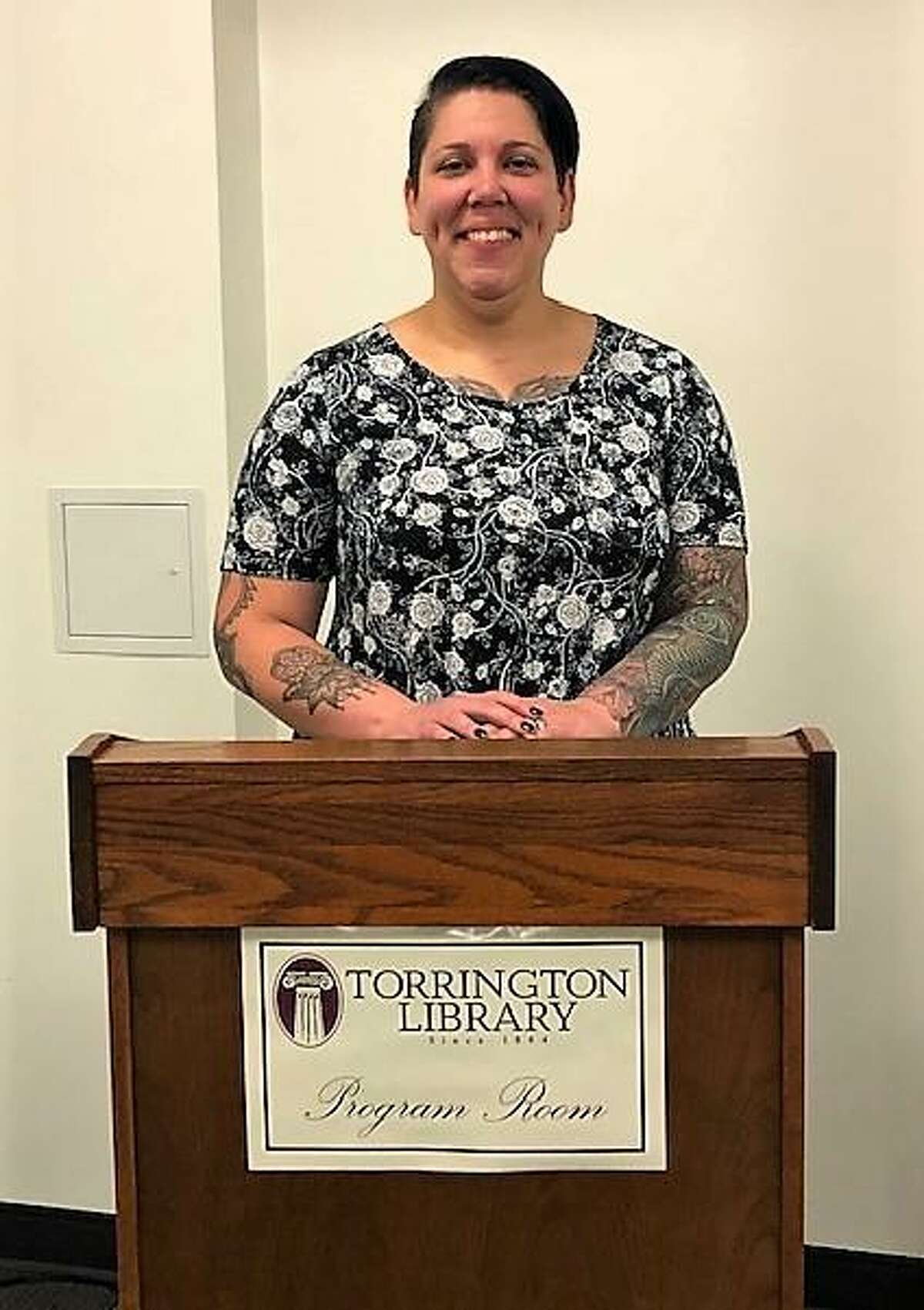 Kat Moskowitz speaks during the opioid awareness program at the Torrington Library. The program was hosted by Community Health & Wellness Center in Torrington.