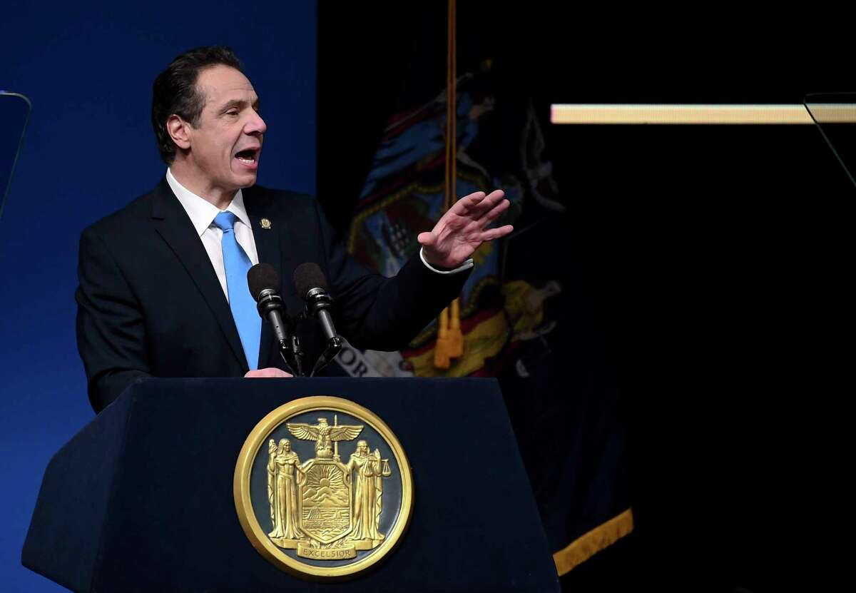New York Gov. Andrew Cuomo delivers his State of the State address and executive budget proposal at the Hart Theatre, Tuesday, Jan. 15, 2019, in Albany, N.Y. (AP Photo/Hans Pennink)