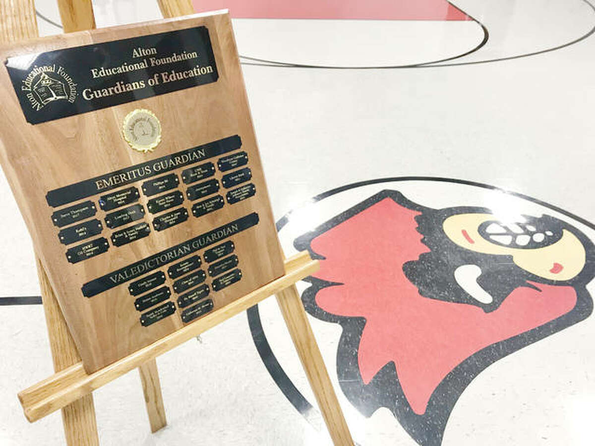 A plaque displaying names of top donors to the Alton Educational Foundation’s Guardians of Education sits in the gym of Alton’s Mark Twain School Wednesday morning.