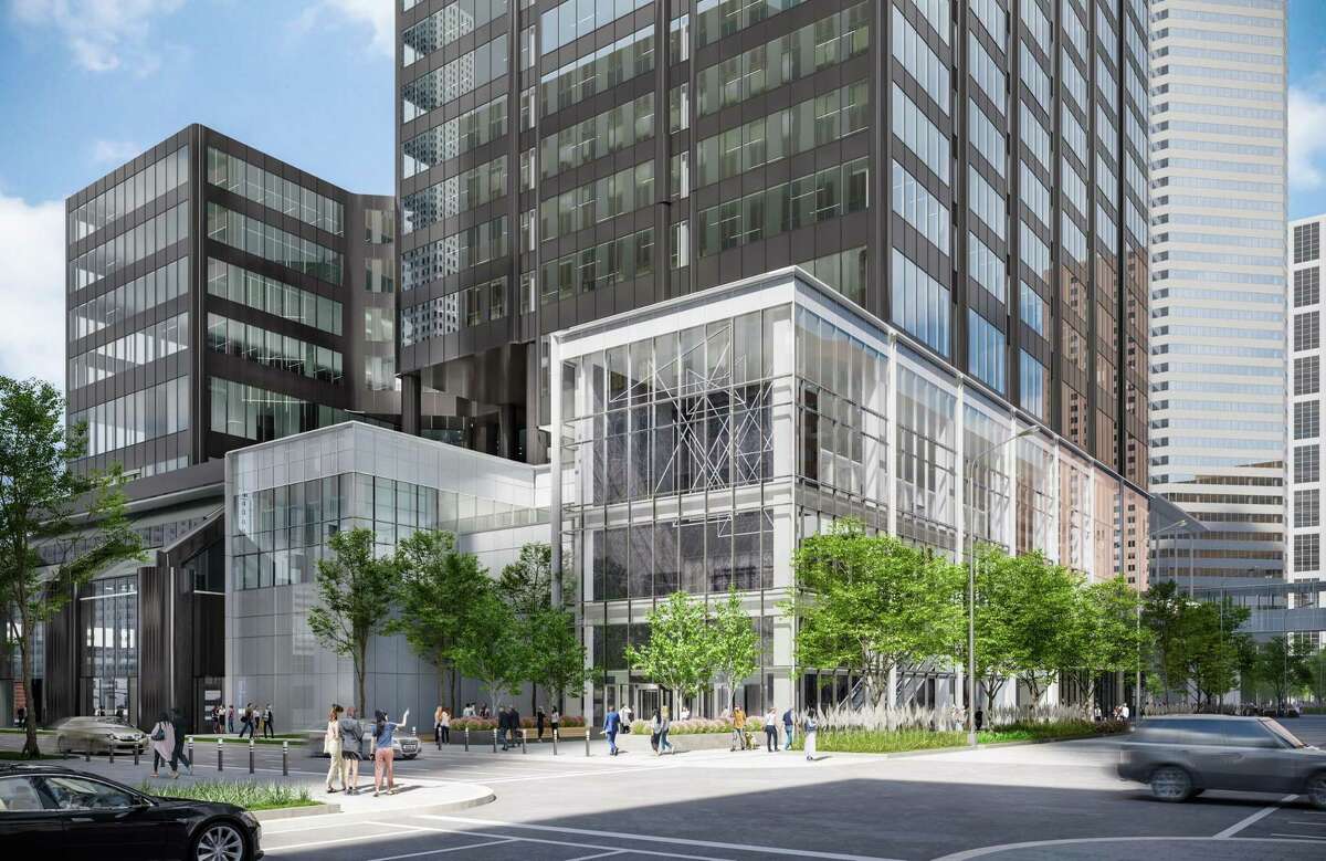 A rendering of a new two-story glass facade at 2 Houston Center.