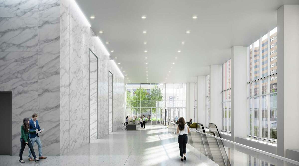 A rendering of the lobby renovations at 2 Houston Center.