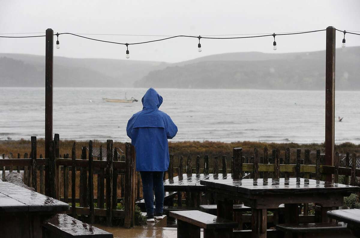 Jan Moore, visiting from Chicago, views Tomales Bay in the rain from Hog Island Oyster Farm in Marshall, Calif. on Wednesday, Jan. 16, 2019. Harvesting on Tomales Bay has been temporarily suspended following reports of a few customers becoming infected with norovirus after consuming the oysters.