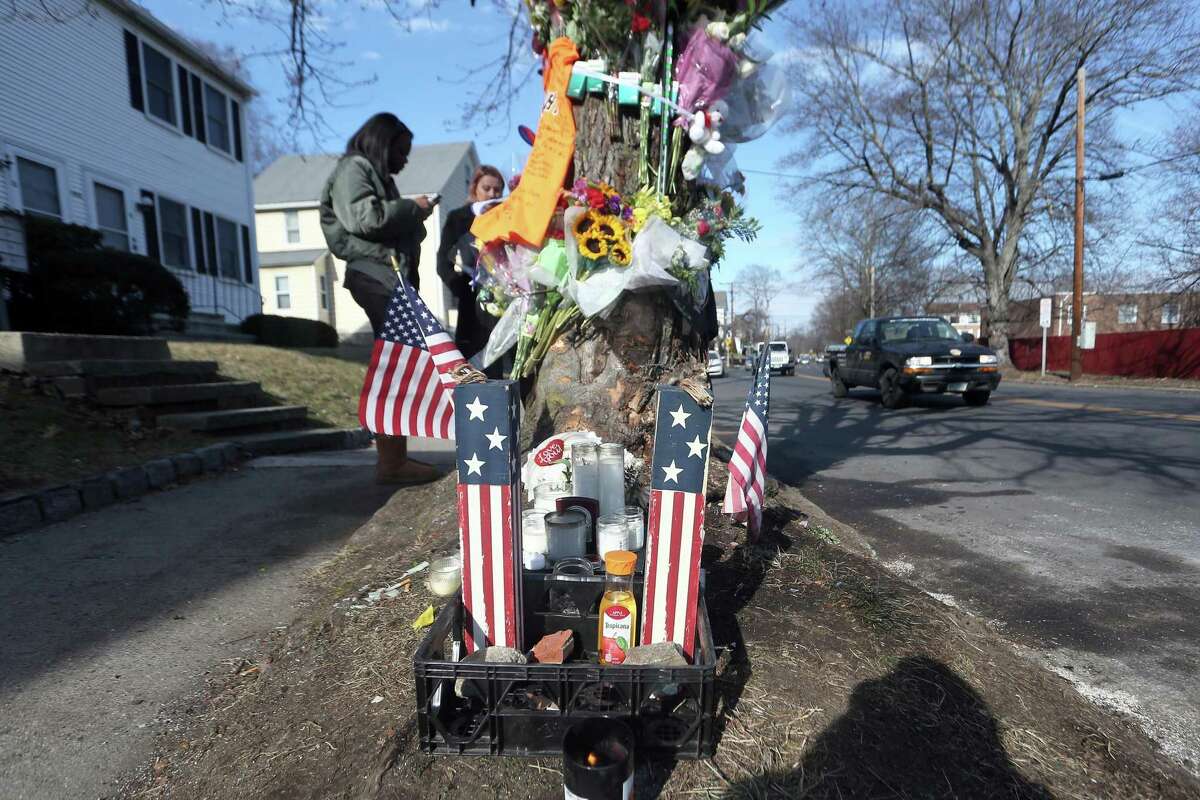 A tree memorial was created for two people killed in a car accident on Hope St. over the weekend in Stamford, Conn. Photographed on Monday, Feb. 6, 2017.